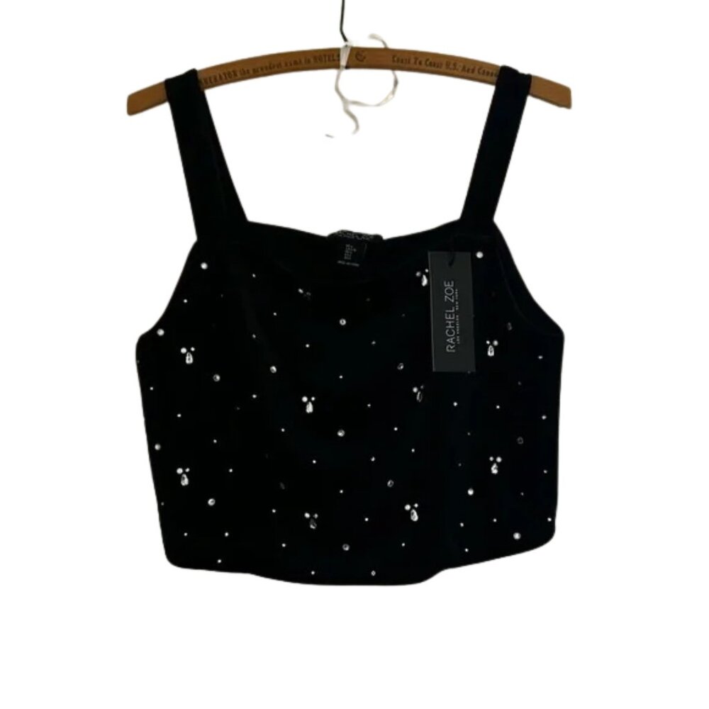 NWT Rachel Zoe Silver Rhinestone Black Velvet Cropped Tank Top Large